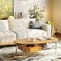 Living Room White Sofa With Throw Pillow And Wood Coffee Table With Rug And Plant