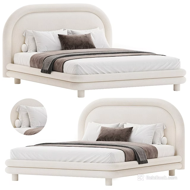 Modern Upholstered Double Bed With Curved Headboard Soft Pillows And Cozy Blanket 3d model 