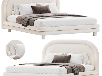 Modern Upholstered Double Bed With Curved Headboard Soft Pillows And Cozy Blanket 3d model