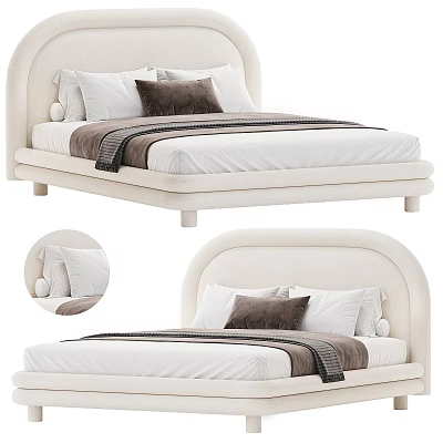 Modern Upholstered Double Bed With Curved Headboard Soft Pillows And Cozy Blanket 3d model