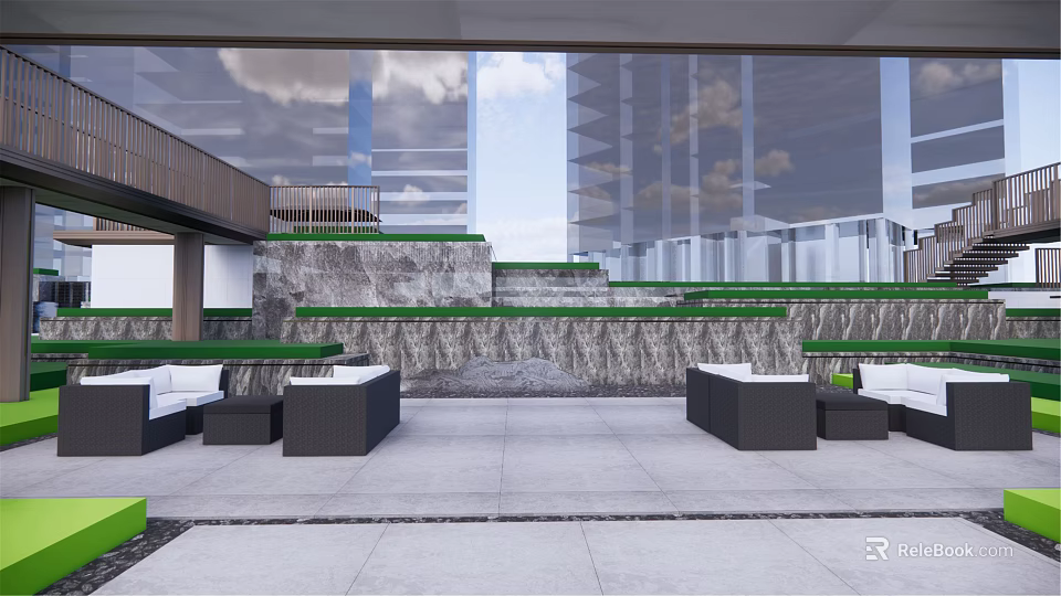 Modern Garden Landscape Design With Stone Retaining Wall Green Lawn And Outdoor Sofas Wooden Canopy 3d model 