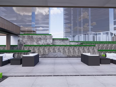 Modern Garden Landscape Design With Stone Retaining Wall Green Lawn And Outdoor Sofas Wooden Canopy 3d model