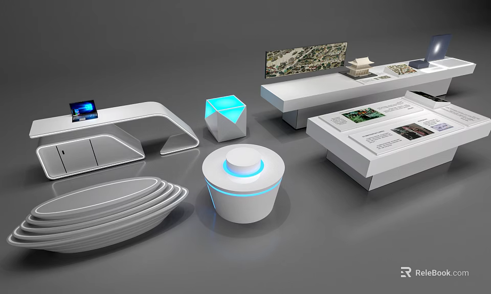 Modern White Display Shelves Design With Blue LED Light And Display Tables 3d model