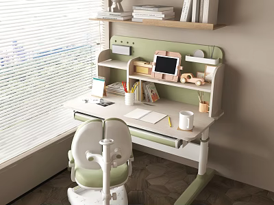 Kids Desk with Shelf and Chair Featuring Tablet Books Stationery Near Window with Blinds 3d model