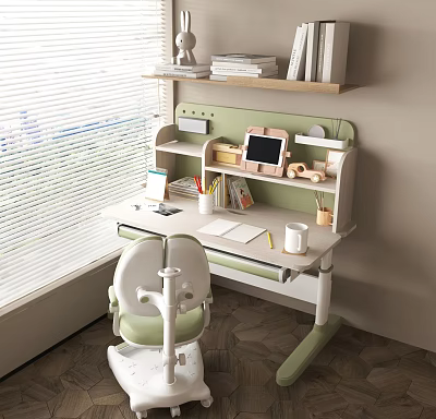 Kids Desk with Shelf and Chair Featuring Tablet Books Stationery Near Window with Blinds 3d model