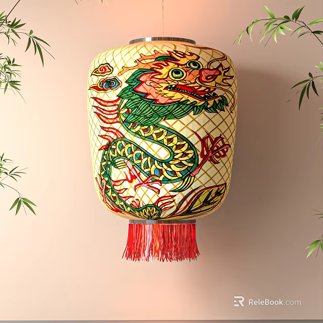 Traditional Chinese Lantern With Colorful Dragon Design Red Tassels And Bamboo Leaves 3d model 