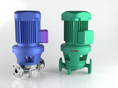 Vertical Industrial Pumps in Blue and Green with Flange Base Connections 3d model
