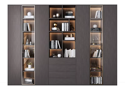 Modern Dark Wood Bookshelf With Open Shelves Glass Doors And Decorative Items 3d model
