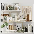 Elegant Decorative Accessories Set on White Shelves with Plants Frames Vases Candles Clock and Books
