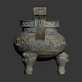 Ancient Bronze Tripod Cauldron With Intricate Carvings Decorative Handles And Three Legs