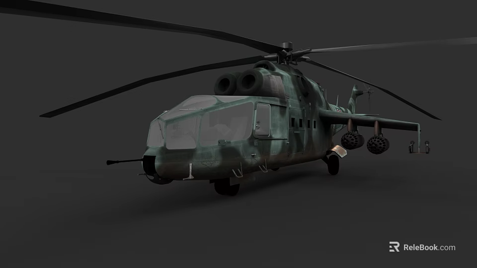 Green Camouflage Military Helicopter With Large Rotors And Fuselage Design 3d model 