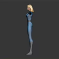 Blonde Female Superhero in Blue Bodysuit with Number 2 Logo Arms Outstretched Gray Background