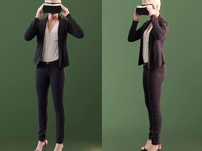 Woman Using VR Headset With Black Blazer White Blouse Black Pants And Heels 3d model