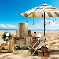 Beach Setup With Striped Umbrella Lounge Chair Wooden Crates Plants Fruit Basket And String Lights 3d model