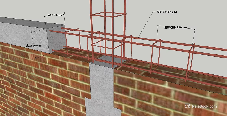 Construction Diagram Showing Brick Wall With Scaffolding And Concrete Structure Dimensions 3d model