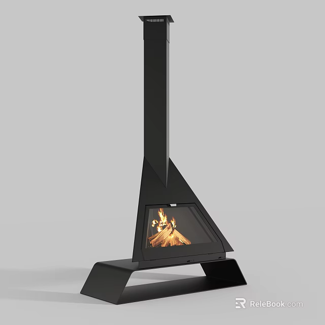 Modern Black Freestanding Fireplace With Triangular Structure And Burning Flame 3d model 