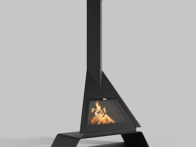 Modern Black Freestanding Fireplace With Triangular Structure And Burning Flame 3d model