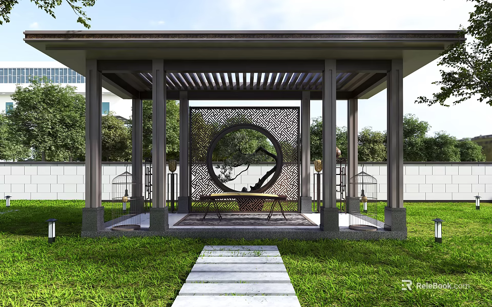 Traditional Chinese Pavilion Garden With Circular Carved Screen Stone Path And Grass Lawn 3d model 