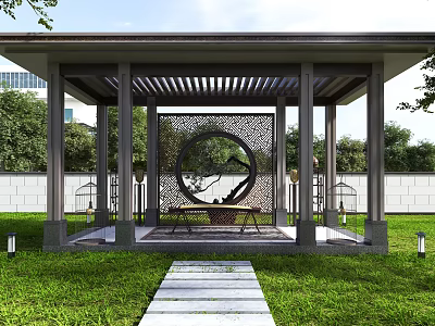 Traditional Chinese Pavilion Garden With Circular Carved Screen Stone Path And Grass Lawn 3d model