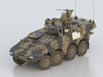 Military Armored Wheeled Tank With Camouflage Paint Turret And Antenna Design 3d model