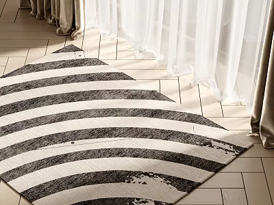 Square Rug With Black And White Stripes In Room 3d model