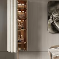 Elegant Modern Wine Cabinet With Glass Shelves Wine Glasses And Decorative Painting Near Dining Table
