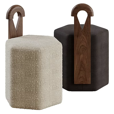Beige And Dark Gray Upholstered Stools With Walnut Wooden Legs Modern Design 3d model