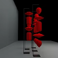Red Lanterns Display with Various Shapes Round and Diamond Shaped on Black Stands Gray Background