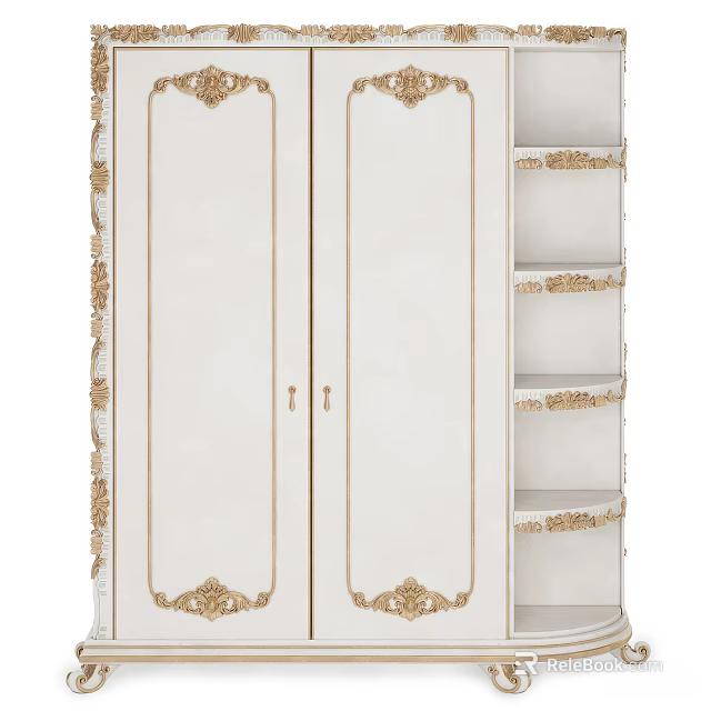 Elegant White Wardrobe With Ornate Gold Carvings On Panel Doors And Storage Shelves 3d model 