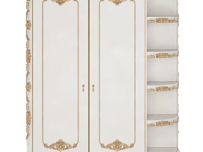 Elegant White Wardrobe With Ornate Gold Carvings On Panel Doors And Storage Shelves 3d model