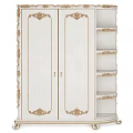 Elegant White Wardrobe With Ornate Gold Carvings On Panel Doors And Storage Shelves