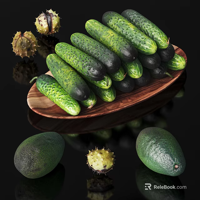 Fresh Organic Vegetables Including Green Cucumbers And Ripe Avocados On Rustic Wooden Plate 3d model 