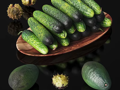 Fresh Organic Vegetables Including Green Cucumbers And Ripe Avocados On Rustic Wooden Plate 3d model