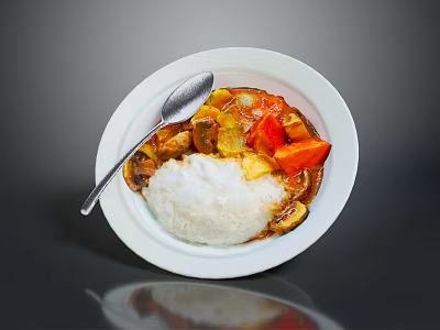 Healthy Homemade Rice Bowl With Fresh Vegetables Mushrooms Carrots Onions And Spoon 3d model