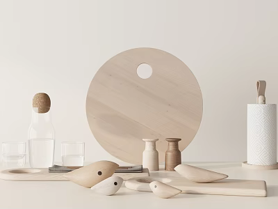 Simple Wooden Decorative Ornament Set With Round Board Bird Figurine Glass Bottle And Ceramic Jars 3d model