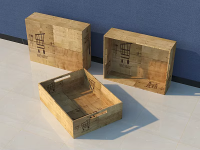 Three Rustic Wooden Storage Boxes With Handles And Shopping Cart Design 3d model