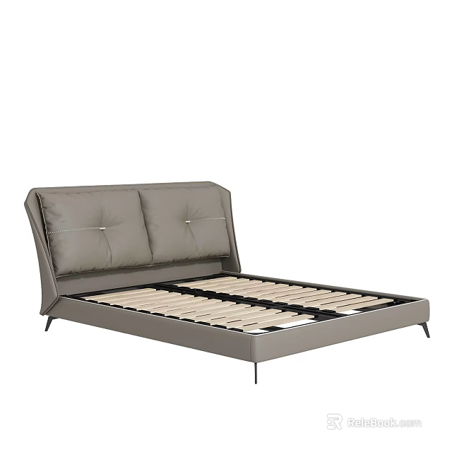 Modern Minimalist Double Bed With Upholstered Grey Headboard Wooden Slats And Metal Frame 3d model 