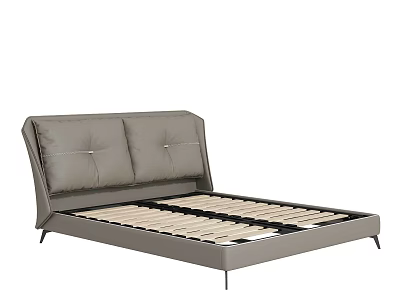 Modern Minimalist Double Bed With Upholstered Grey Headboard Wooden Slats And Metal Frame 3d model