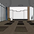Recreation Room Interior With Wooden Floor Large Windows Blue Curtains Yellow Yoga Mats And Mirrors