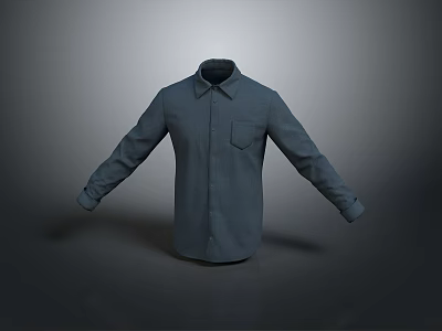 Blue Shirt With Collar And Pocket With Sleeves Spread Out On Gray Background 3d model