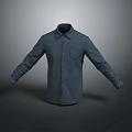 Blue Shirt With Collar And Pocket With Sleeves Spread Out On Gray Background