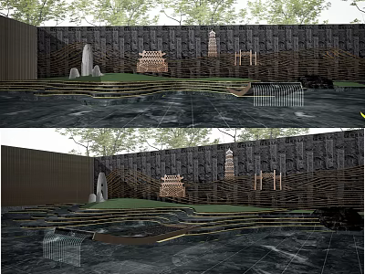 Outdoor Landscape Design With Stone Wall Wooden Structures And Lawn Steps 3d model