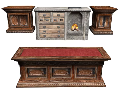 Antique Wooden Furniture Collection With Carved Cabinets Drawer Unit Fireplace And Red Cushion Bench 3d model