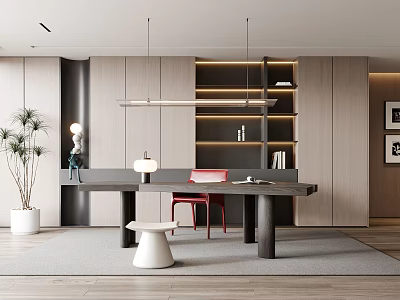 Modern Study Room Interior With Open Design Wooden Desk Red Chair And Hanging Lights 3d model