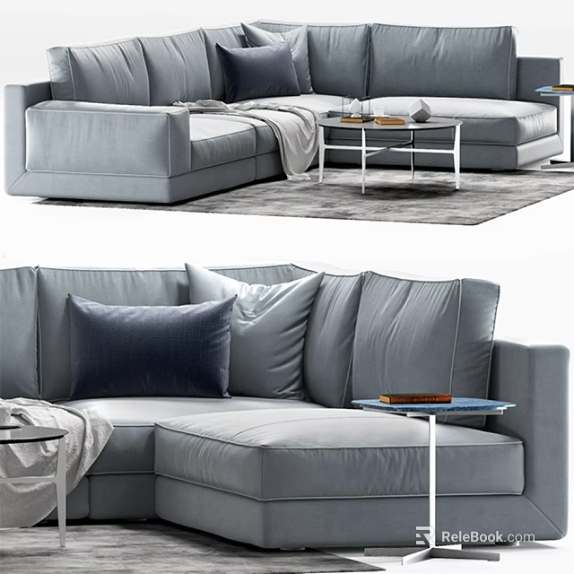 Modern Gray Sectional Sofa With Blue Throw Pillows And Side Table On Rug 3d model