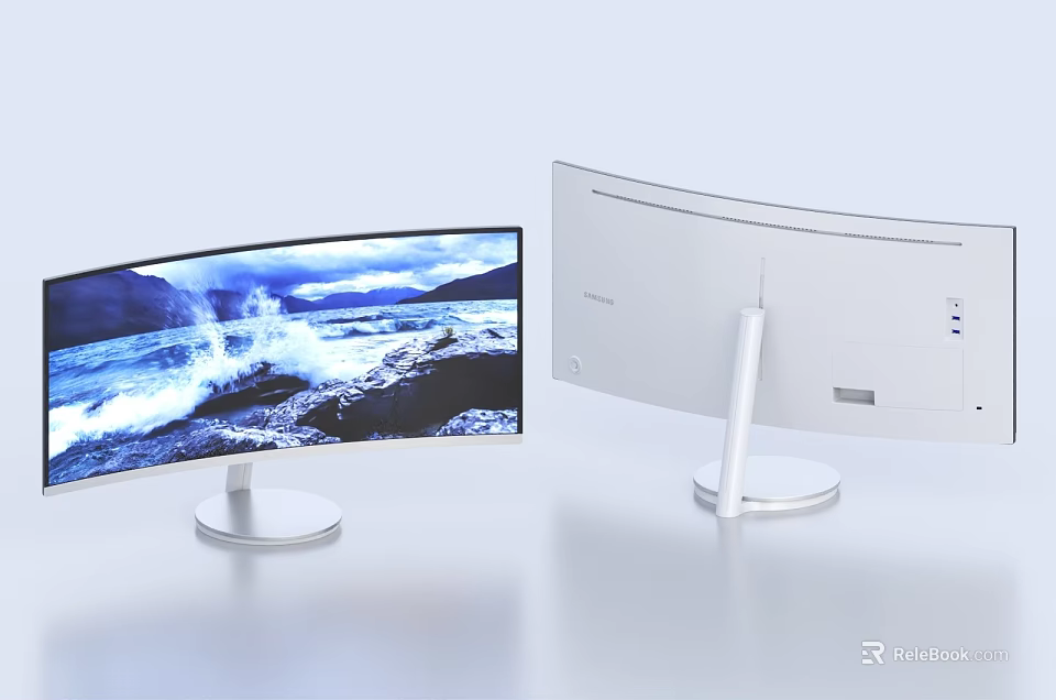 Modern Curved Computer Monitor With White Stand And Scenic 3d model 