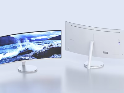 Modern Curved Computer Monitor With White Stand And Scenic 3d model
