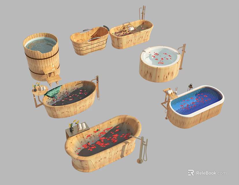 Wooden Bathtubs Various Styles with Red White Flower Petals and Water 3d model 