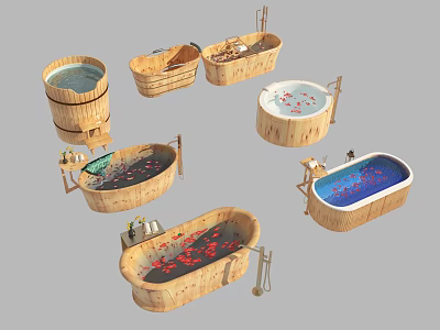 Wooden Bathtubs Various Styles with Red White Flower Petals and Water 3d model