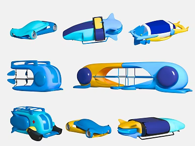 Blue And Yellow Toy Vehicle Models With Various Creative Designs And Playful Shapes 3d model